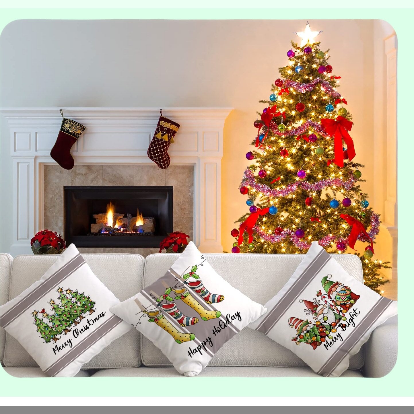 Winter Gnomes Holiday Pillow Covers Set - Festive 20x20 Sofa Decorations - Merry Coach Cushion Covers - Happy Home Decor - Pack of 4