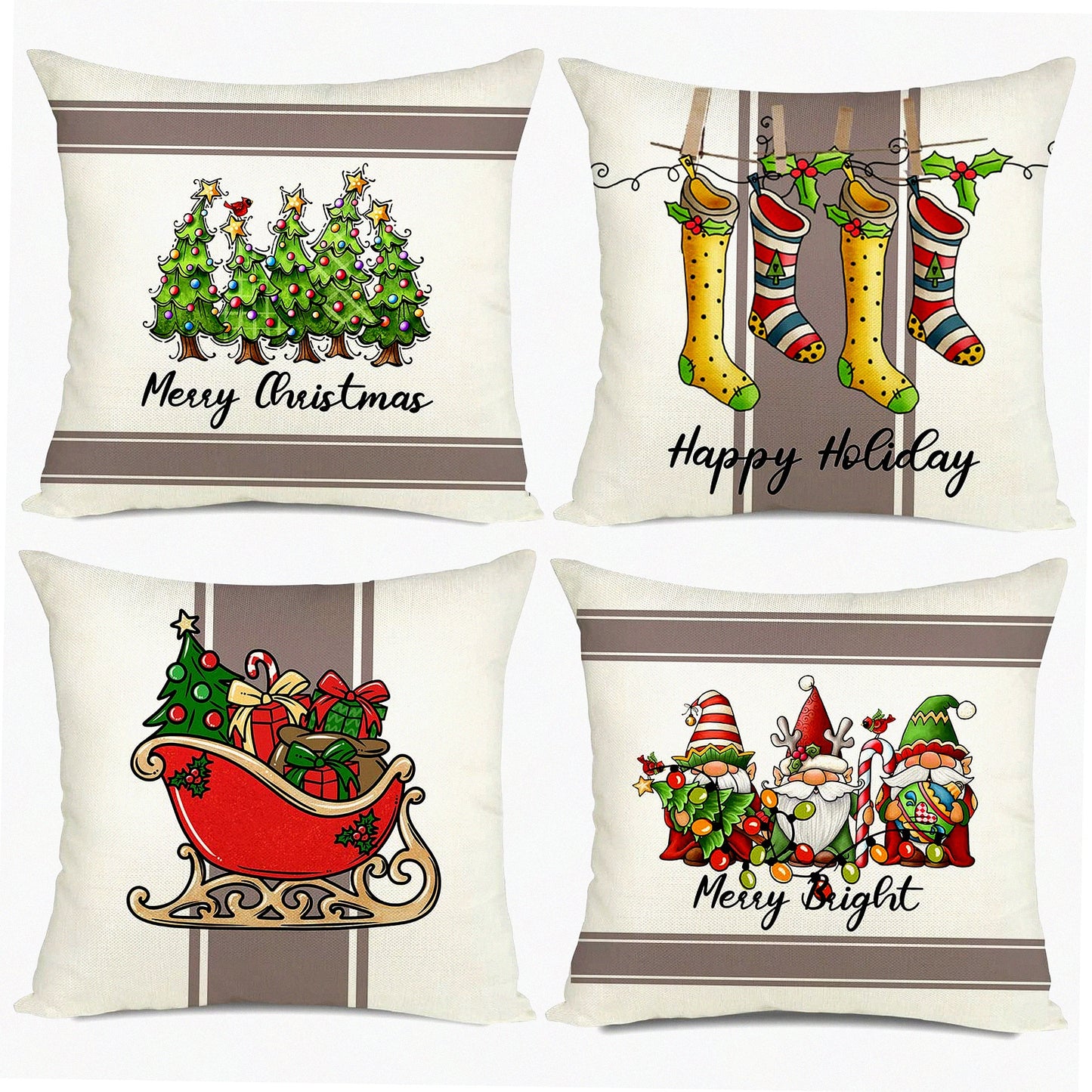 Winter Gnomes Holiday Pillow Covers Set - Festive 20x20 Sofa Decorations - Merry Coach Cushion Covers - Happy Home Decor - Pack of 4