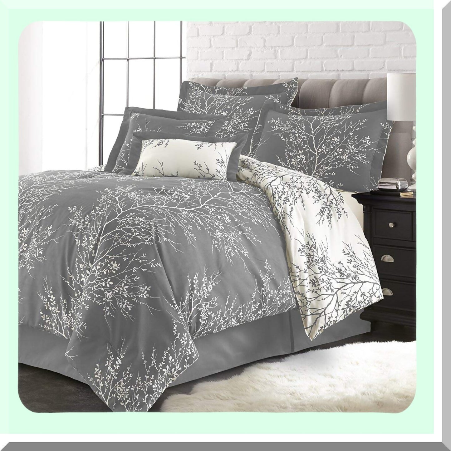 Luxury Foliage Queen Bed Set - 6-Piece Oversized Reversible Bedding with Matching Shams & Bed Skirt - Elegant All Season Decor in Grey/Ivory