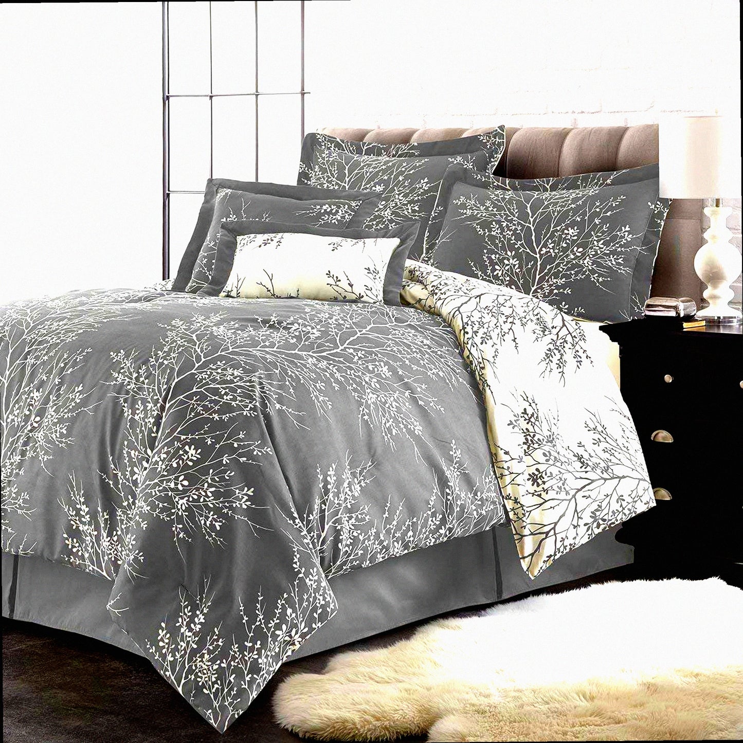 Luxury Foliage Queen Bed Set - 6-Piece Oversized Reversible Bedding with Matching Shams & Bed Skirt - Elegant All Season Decor in Grey/Ivory