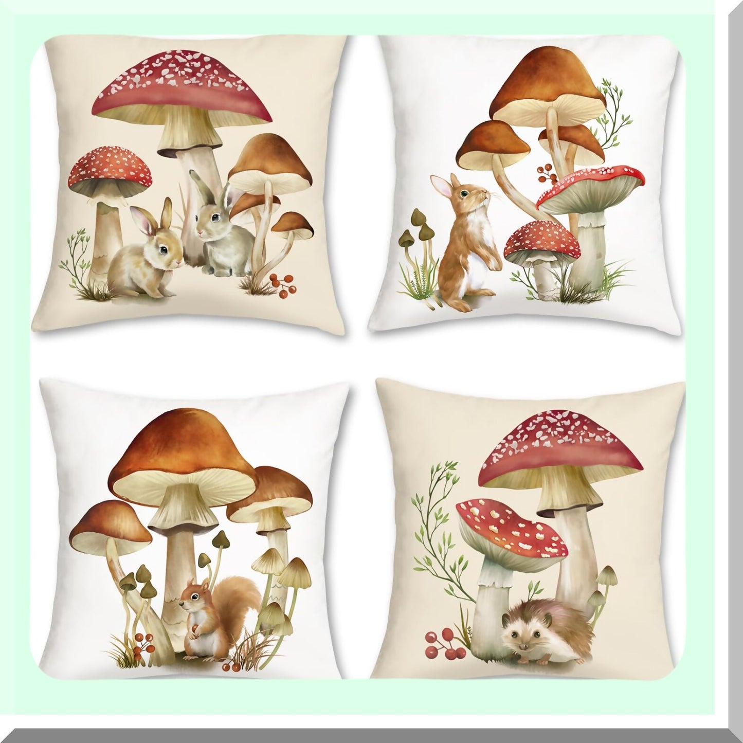 Woodland Critter Velvet Pillow Covers - Set of 4 | 18x18 Inch Rabbit Squirrel Decorative Cushion Cases for Couch Sofa Home Decor | Cute Mushroom Design