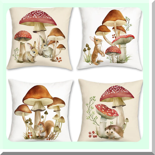 Woodland Critter Velvet Pillow Covers - Set of 4 | 18x18 Inch Rabbit Squirrel Decorative Cushion Cases for Couch Sofa Home Decor | Cute Mushroom Design