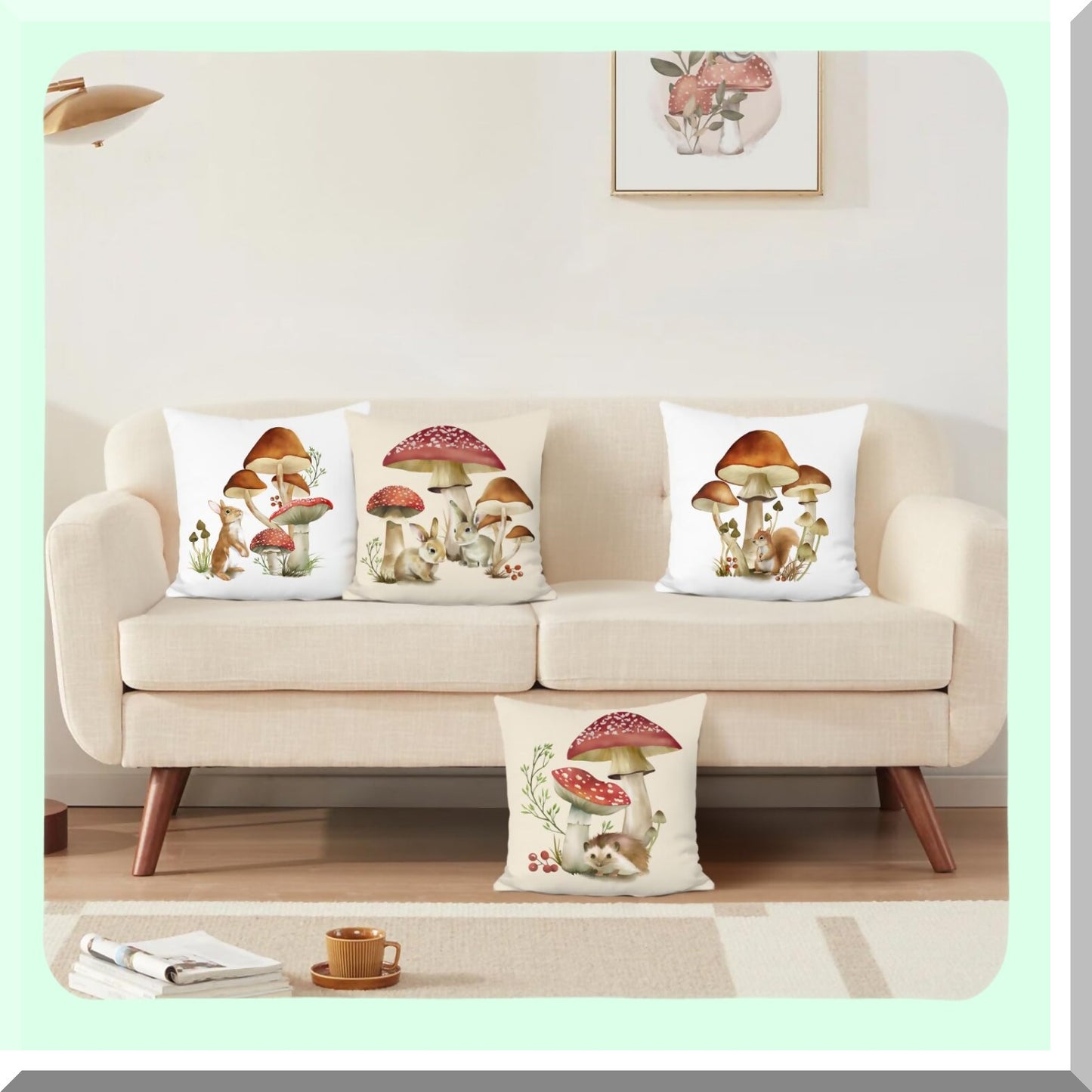 Woodland Critter Velvet Pillow Covers - Set of 4 | 18x18 Inch Rabbit Squirrel Decorative Cushion Cases for Couch Sofa Home Decor | Cute Mushroom Design