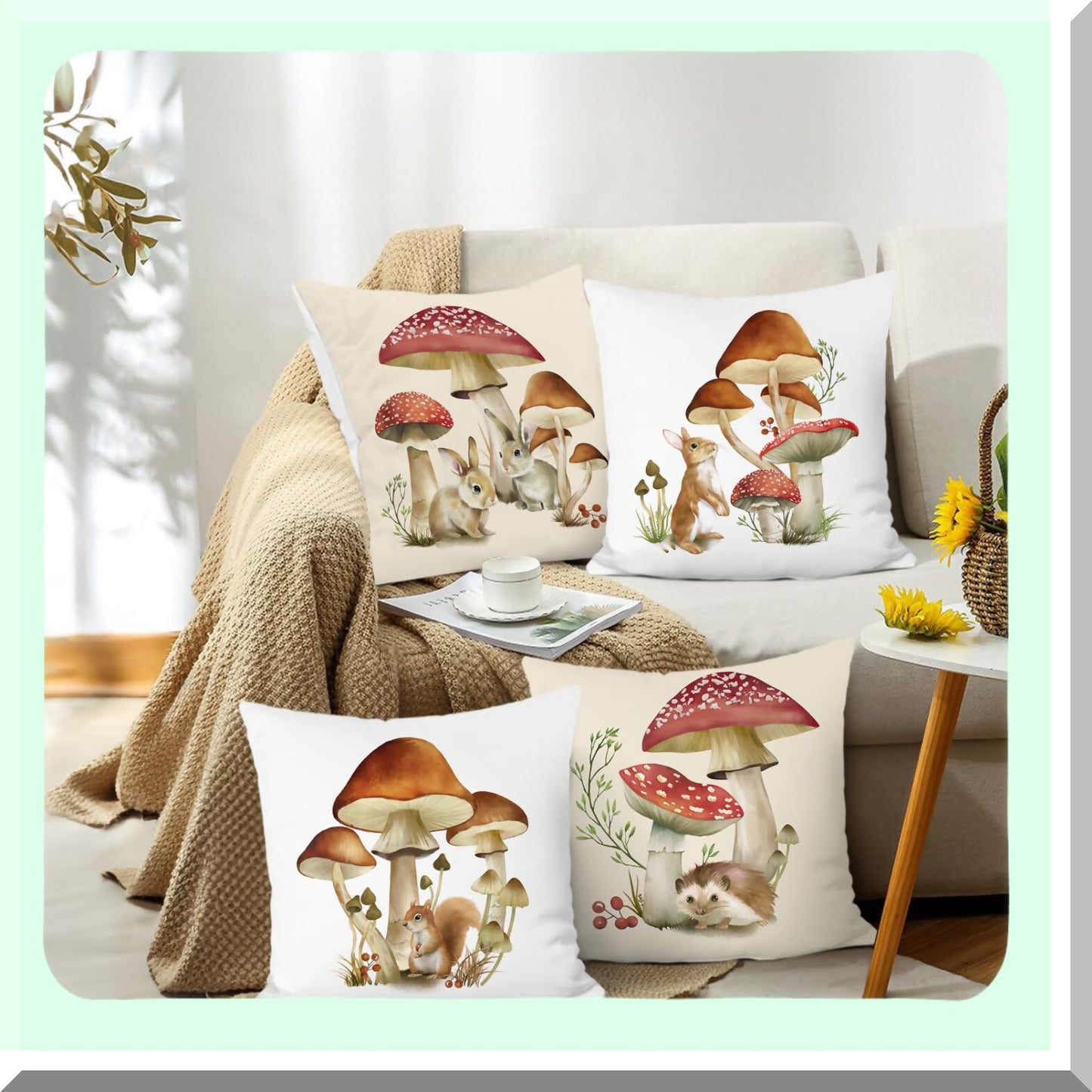 Woodland Critter Velvet Pillow Covers - Set of 4 | 18x18 Inch Rabbit Squirrel Decorative Cushion Cases for Couch Sofa Home Decor | Cute Mushroom Design