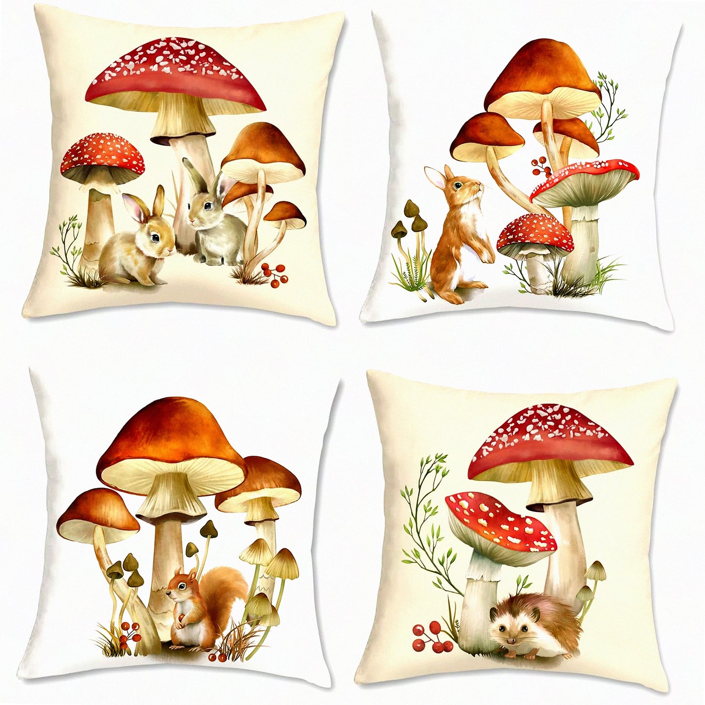 Woodland Critter Velvet Pillow Covers - Set of 4 | 18x18 Inch Rabbit Squirrel Decorative Cushion Cases for Couch Sofa Home Decor | Cute Mushroom Design