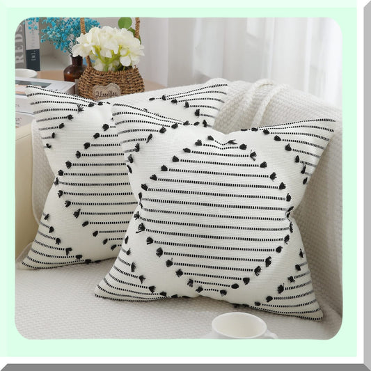 Boho Farmhouse Black Cream Pillow Covers Set - Decorative Sofa Couch Living Room 18X18 Square Throw Pillow Covers - Set of 2
