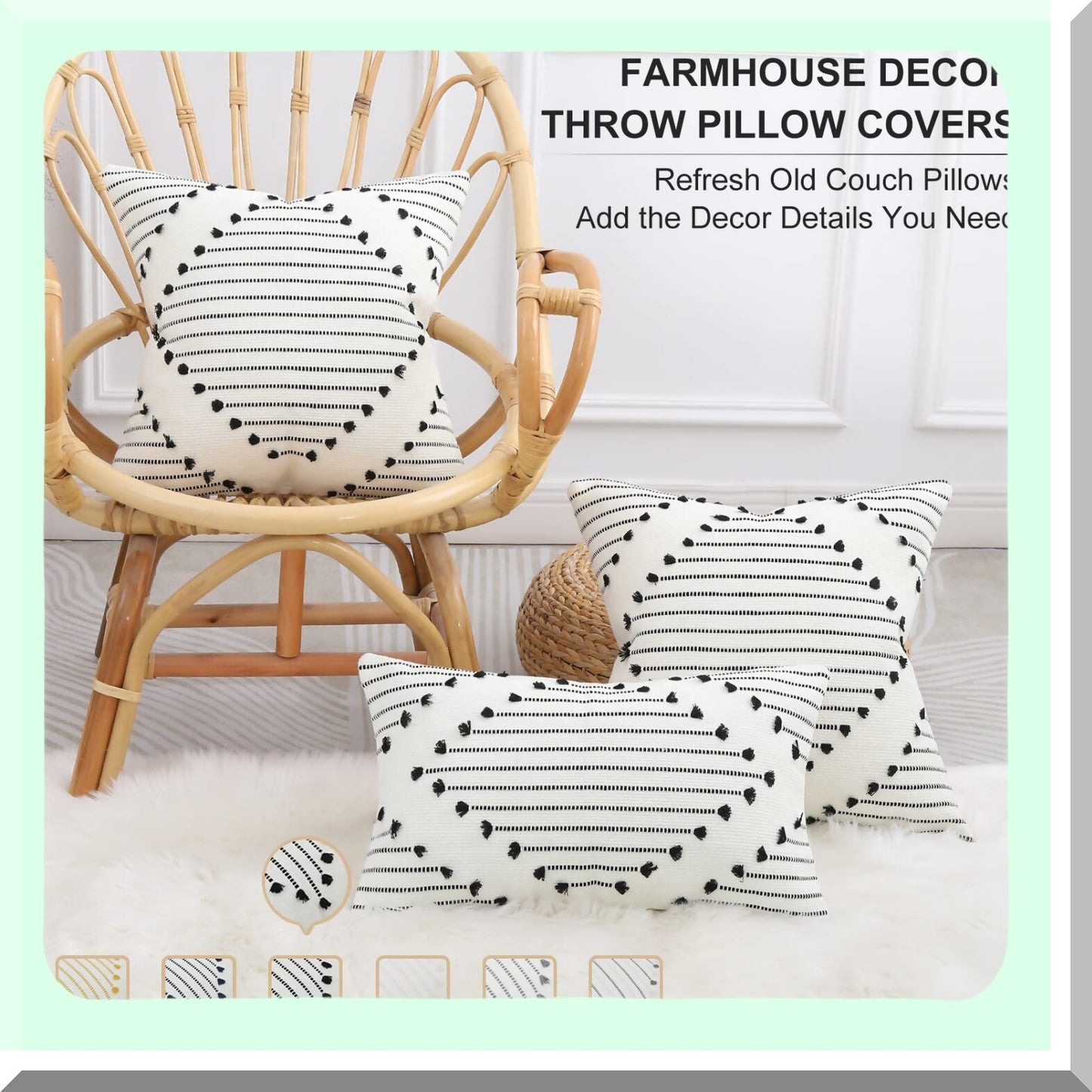 Boho Farmhouse Black Cream Pillow Covers Set - Decorative Sofa Couch Living Room 18X18 Square Throw Pillow Covers - Set of 2