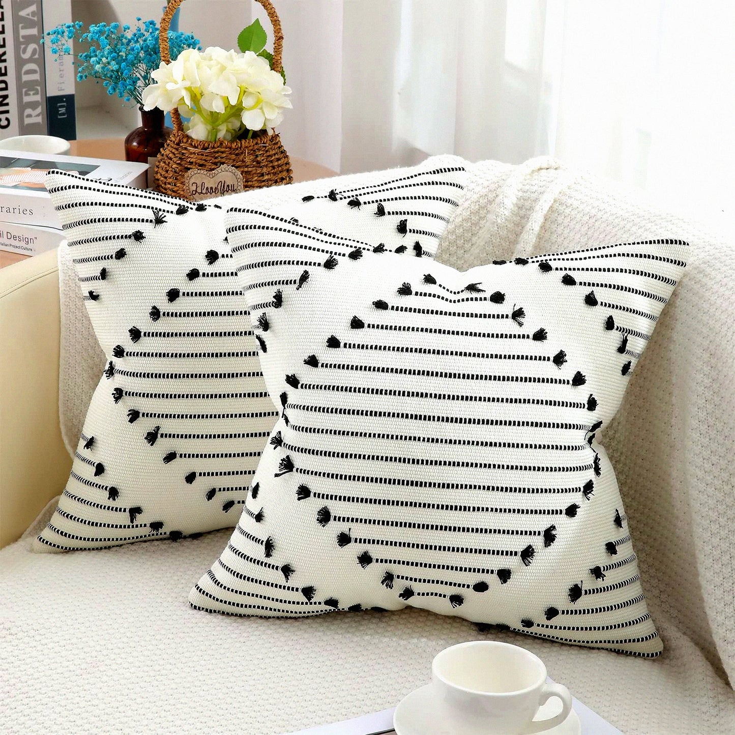 Boho Farmhouse Black Cream Pillow Covers Set - Decorative Sofa Couch Living Room 18X18 Square Throw Pillow Covers - Set of 2