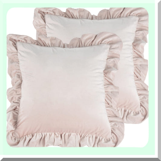 Ruffle Chic Velvet Pillow Covers - Set of 2 Decorative Cushion Cases with Ruffles for Couch, Sofa, Bed - 20x20 Inch Solid Color Farmhouse Throw Pillows - Light Pink Glam Décor