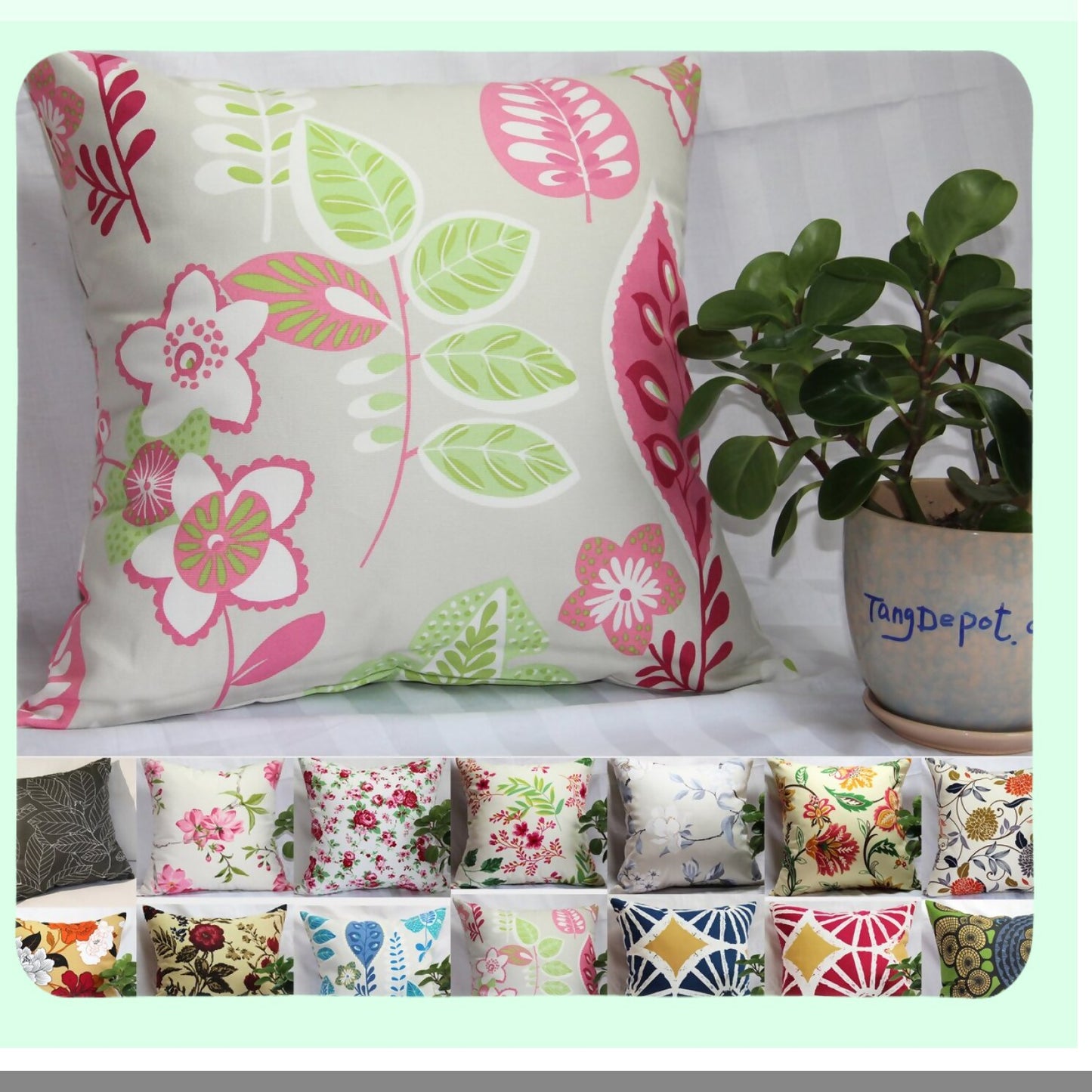 Floral Bliss Cotton Pillow Covers - Decorative Throw Pillow Shams in 14 Colors & 10 Sizes - Light Black, Peach Blossom, Pink Floral Print - 14"x14" S11