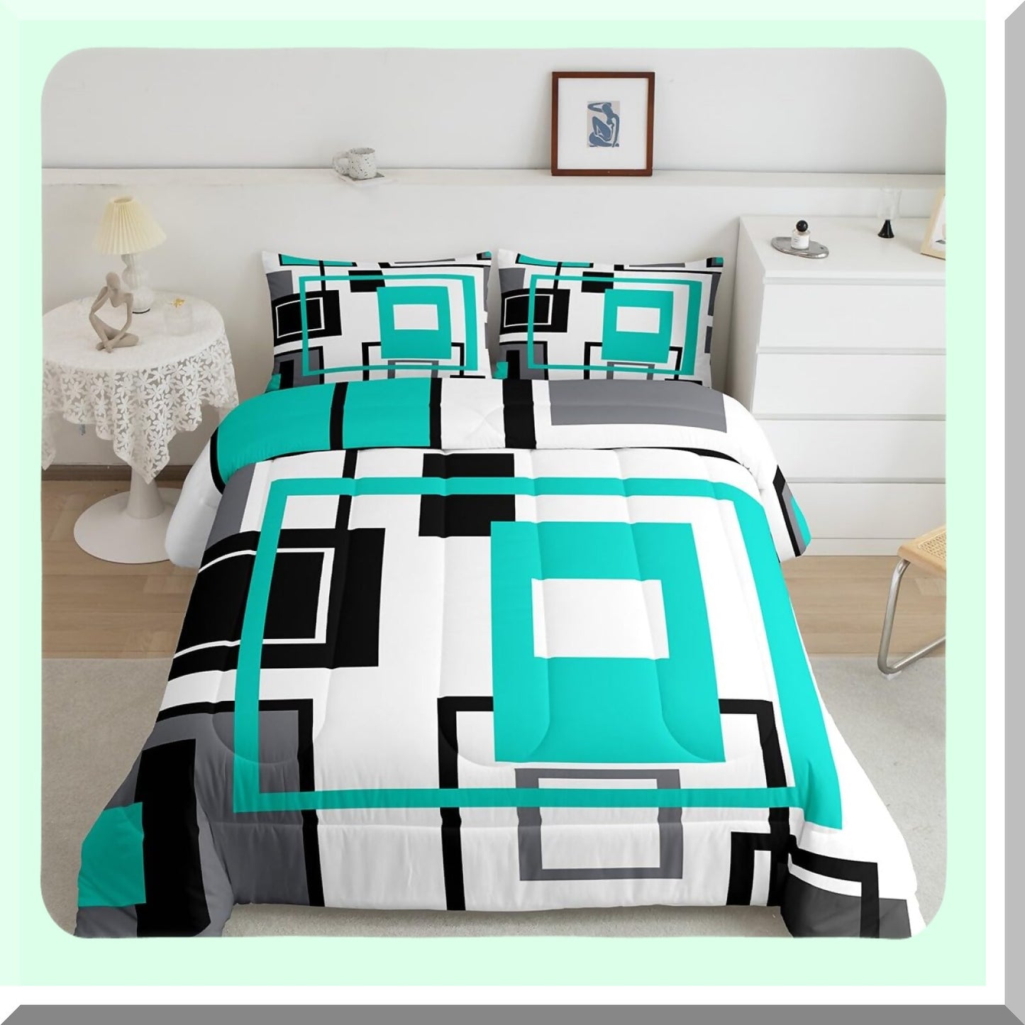 Square Stripe Geometric Comforter Set - Queen Size Bedding in Black, White, Teal, and Grey - Modern Bedroom Decor with Abstract Design - Includes 2 Pillow Cases