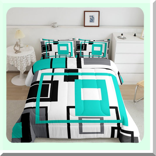 Square Stripe Geometric Comforter Set - Queen Size Bedding in Black, White, Teal, and Grey - Modern Bedroom Decor with Abstract Design - Includes 2 Pillow Cases