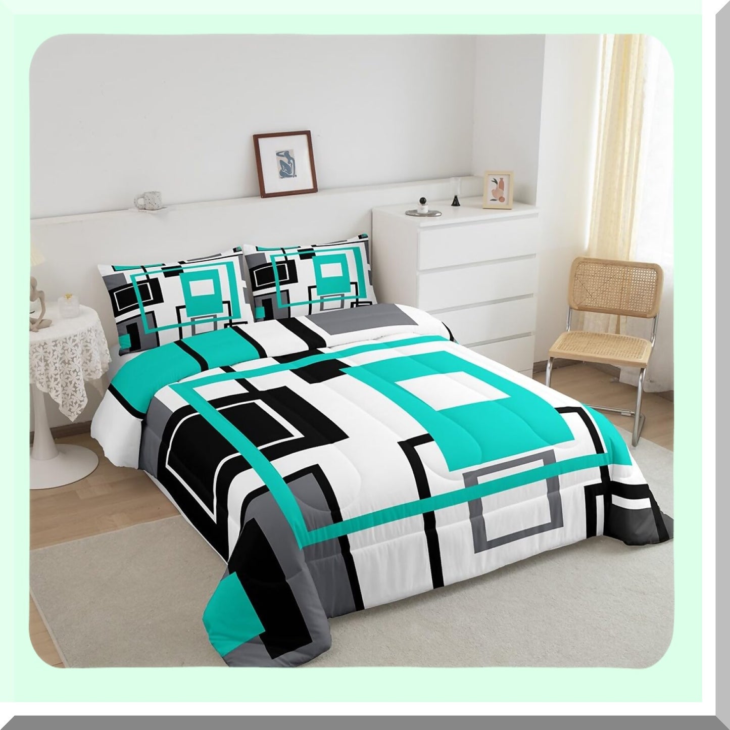 Square Stripe Geometric Comforter Set - Queen Size Bedding in Black, White, Teal, and Grey - Modern Bedroom Decor with Abstract Design - Includes 2 Pillow Cases