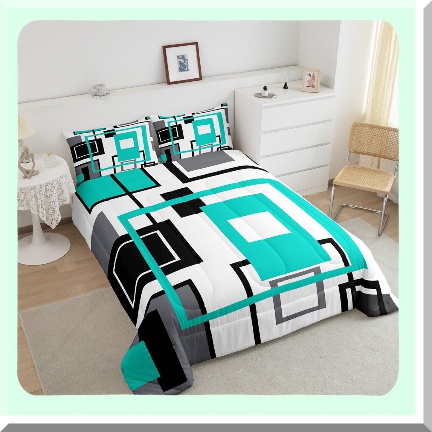 Square Stripe Geometric Comforter Set - Queen Size Bedding in Black, White, Teal, and Grey - Modern Bedroom Decor with Abstract Design - Includes 2 Pillow Cases