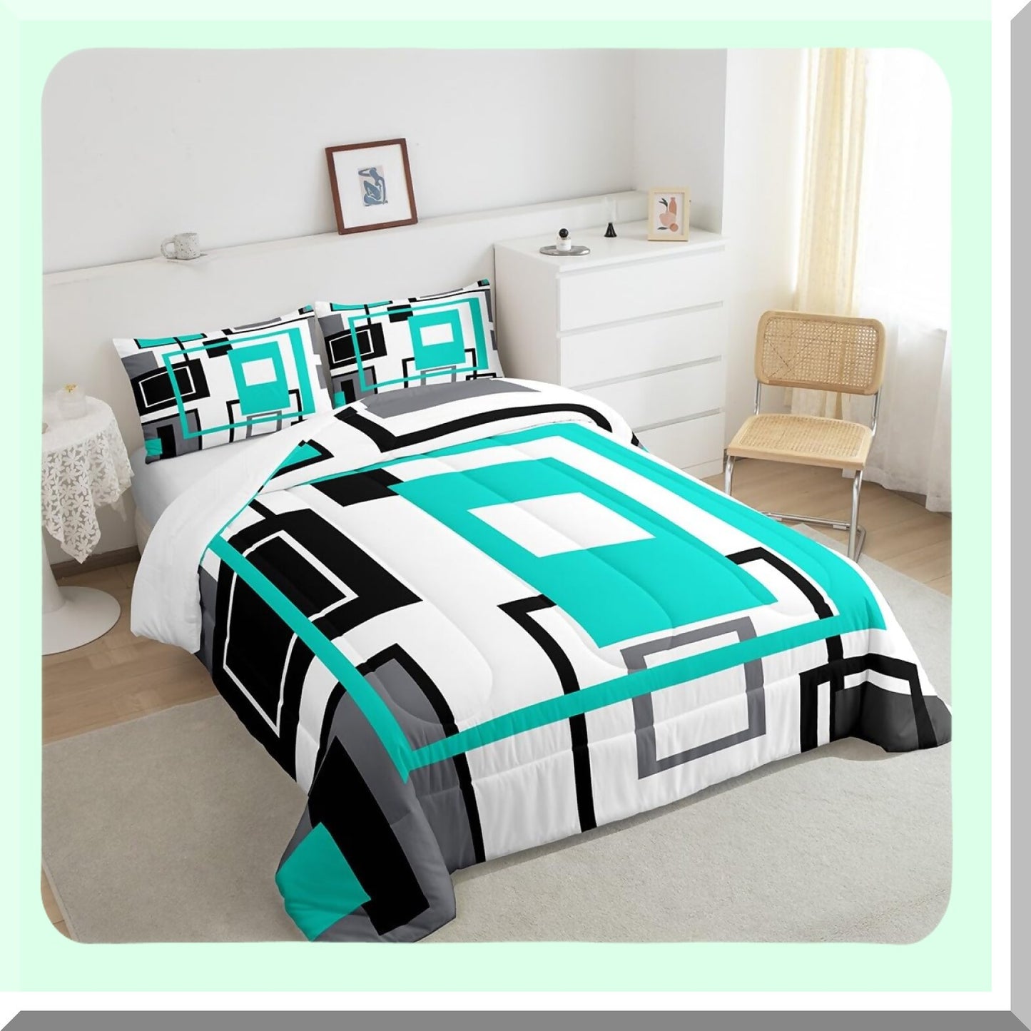 Square Stripe Geometric Comforter Set - Queen Size Bedding in Black, White, Teal, and Grey - Modern Bedroom Decor with Abstract Design - Includes 2 Pillow Cases