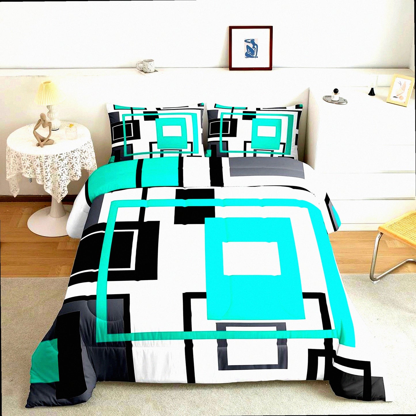 Square Stripe Geometric Comforter Set - Queen Size Bedding in Black, White, Teal, and Grey - Modern Bedroom Decor with Abstract Design - Includes 2 Pillow Cases