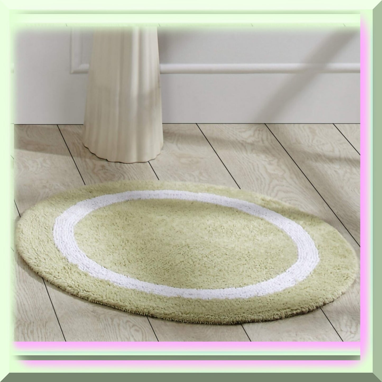 100% Cotton Sage and White Round Bath Mat