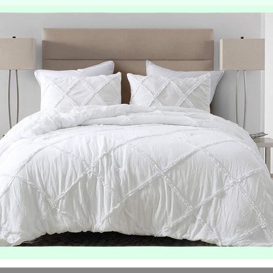 Diamond Ruffle Quilted Microfiber Comforter Set - Soft Washed 3-Piece White Bedding Ensemble