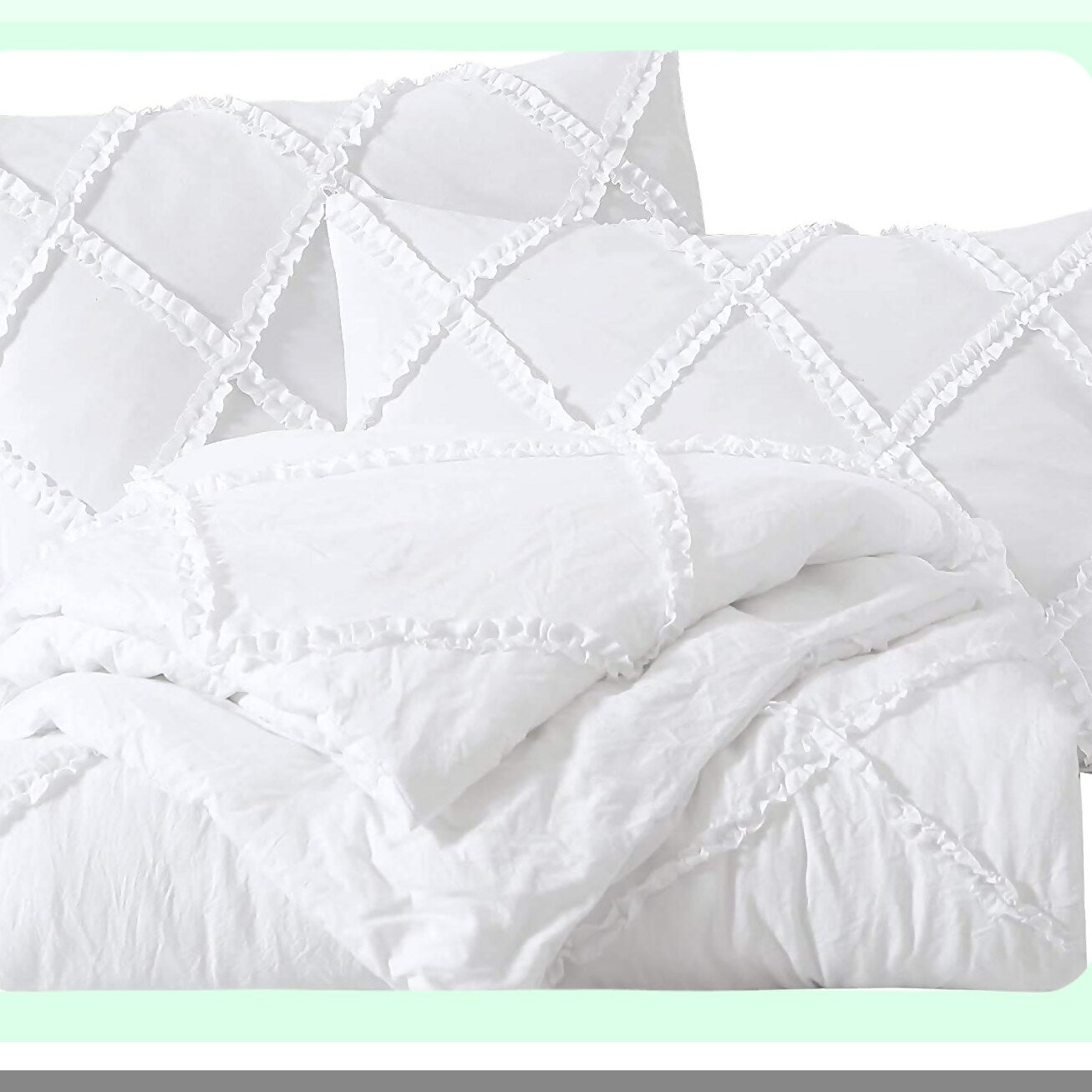 Diamond Ruffle Quilted Microfiber Comforter Set - Soft Washed 3-Piece White Bedding Ensemble