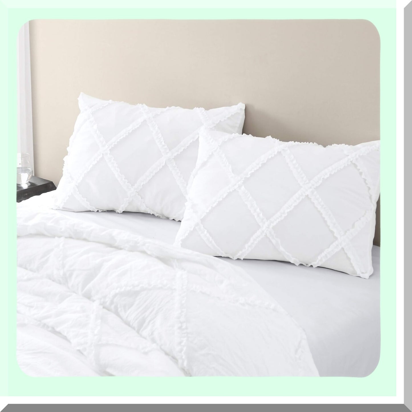 Diamond Ruffle Quilted Microfiber Comforter Set - Soft Washed 3-Piece White Bedding Ensemble