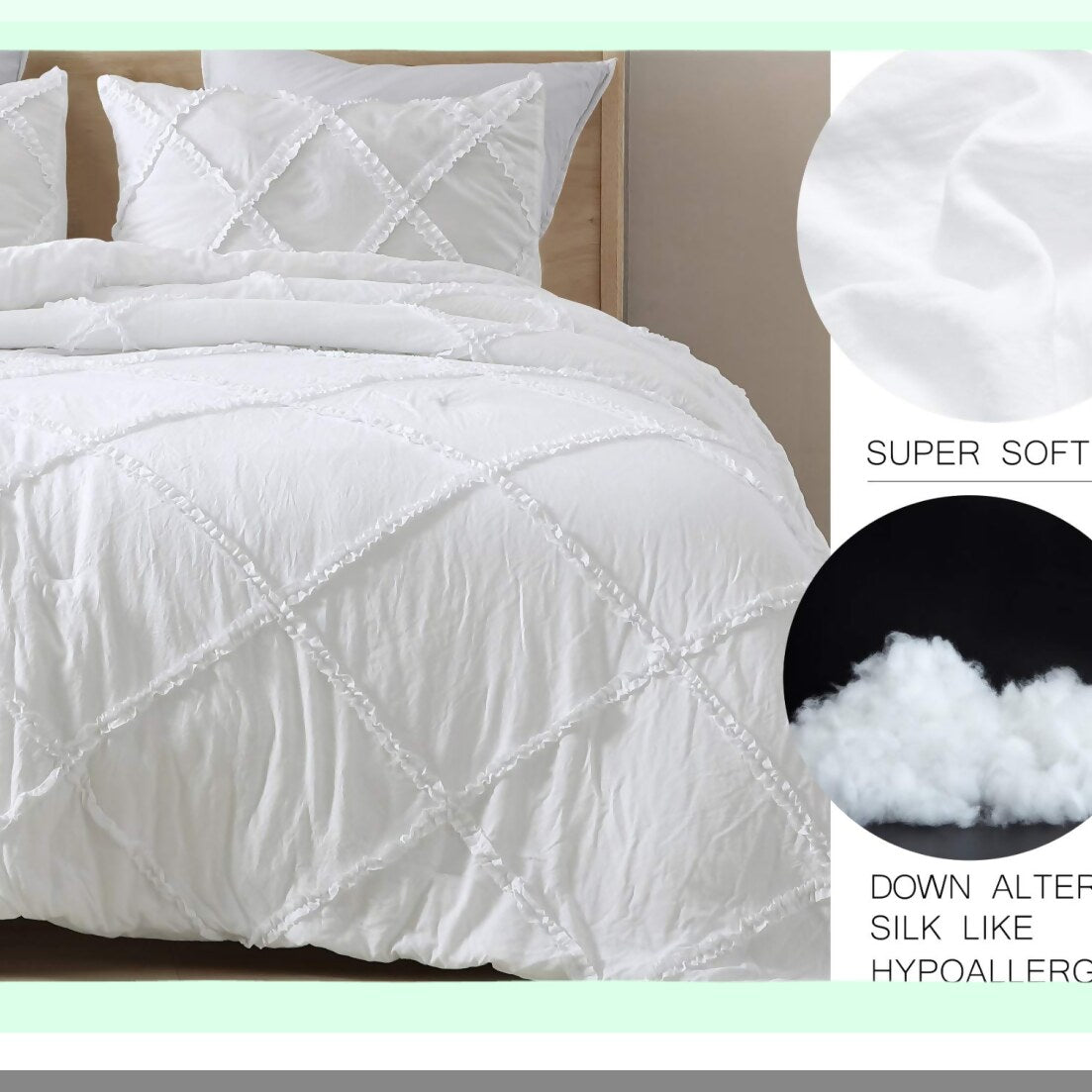 Diamond Ruffle Quilted Microfiber Comforter Set - Soft Washed 3-Piece White Bedding Ensemble