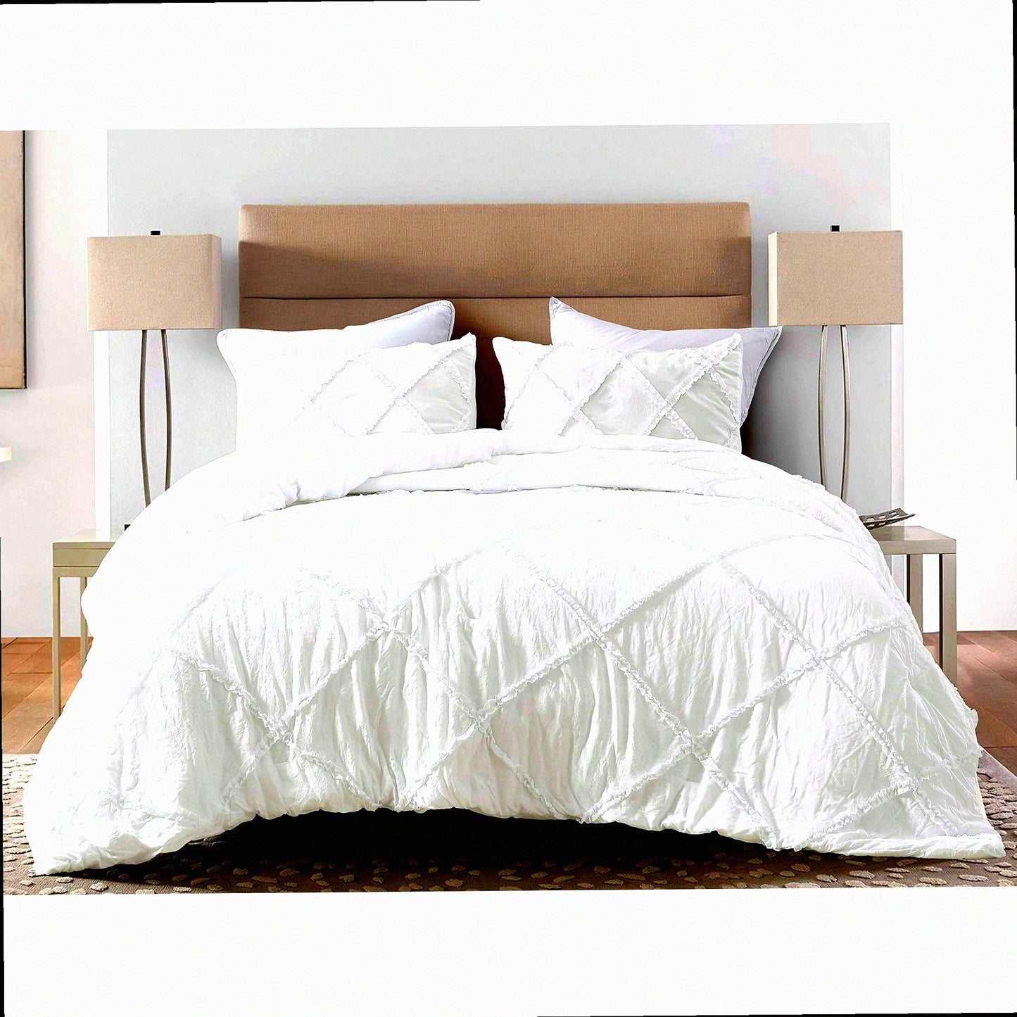 Diamond Ruffle Quilted Microfiber Comforter Set - Soft Washed 3-Piece White Bedding Ensemble