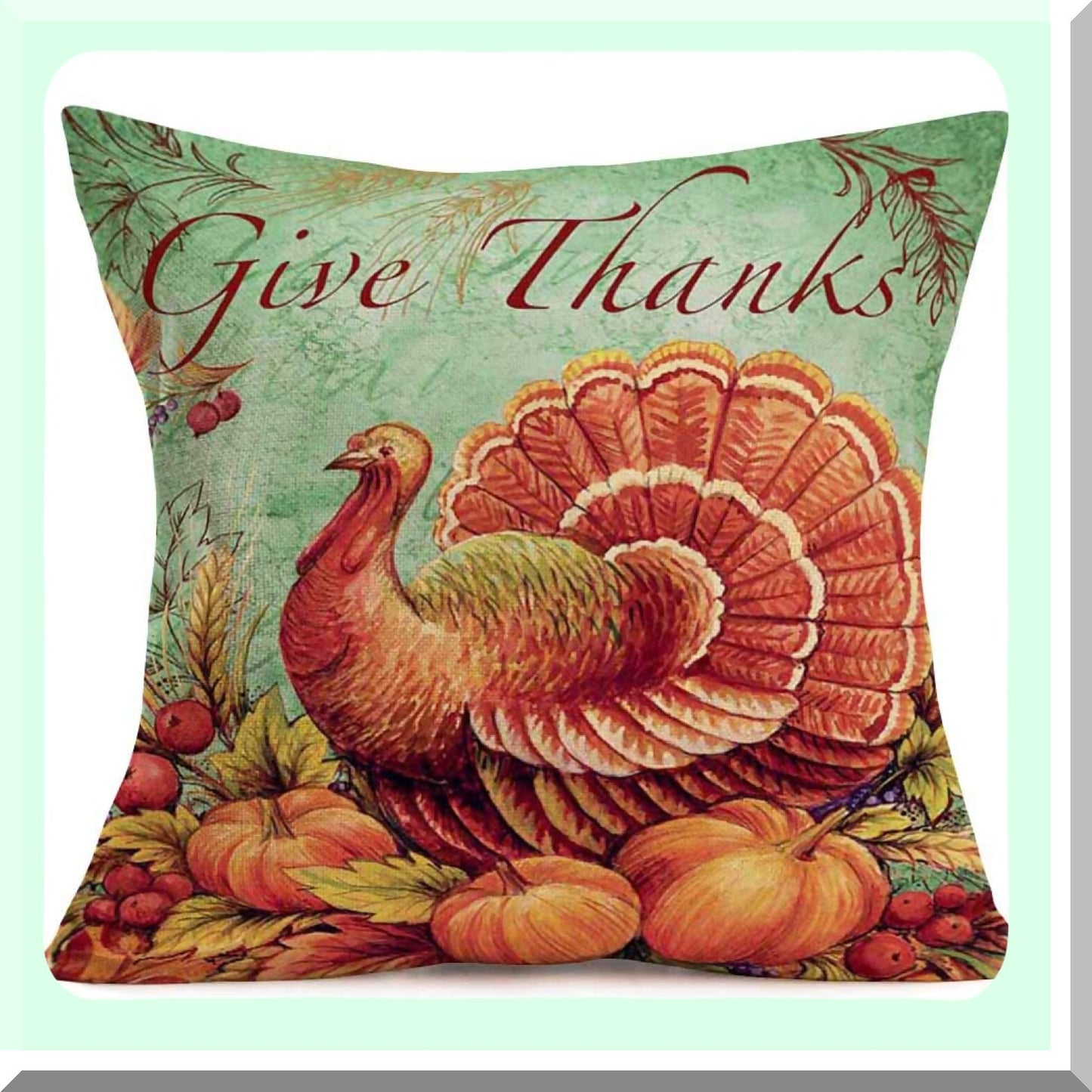 Thanksgiving Harvest Pillowcase - Fall Decorative Cushion Cover with Pumpkins, Maples Leaves, Turkey & Give Thanks Words - Rustic Farmhouse Home Decor - Cotton Linen Throw Pillow Case 18"X18"