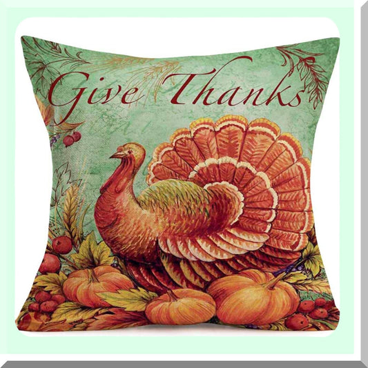 Thanksgiving Harvest Pillowcase - Fall Decorative Cushion Cover with Pumpkins, Maples Leaves, Turkey & Give Thanks Words - Rustic Farmhouse Home Decor - Cotton Linen Throw Pillow Case 18"X18"