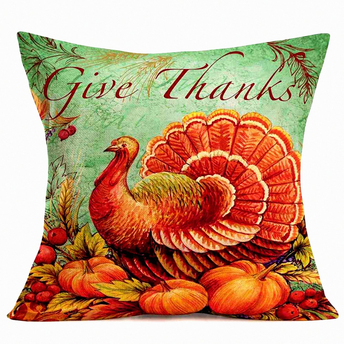 Thanksgiving Harvest Pillowcase - Fall Decorative Cushion Cover with Pumpkins, Maples Leaves, Turkey & Give Thanks Words - Rustic Farmhouse Home Decor - Cotton Linen Throw Pillow Case 18"X18"