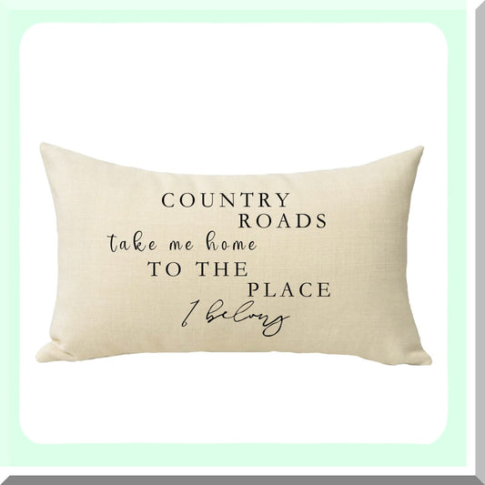 Rustic Farmhouse Lumbar Pillow Cover - Country Roads Quote Decorative Cushion Case for Sofa - Home Decoration Housewarming Gift - Cotton Linen Rectangle Throw Pillow 12 x 20