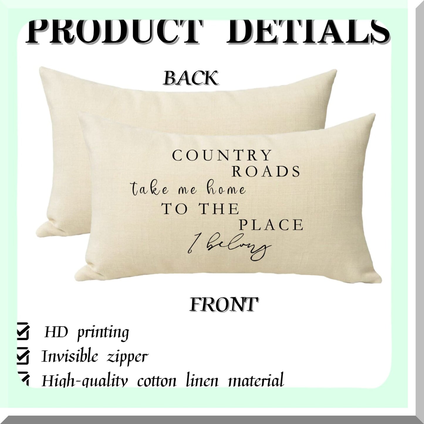 Rustic Farmhouse Lumbar Pillow Cover - Country Roads Quote Decorative Cushion Case for Sofa - Home Decoration Housewarming Gift - Cotton Linen Rectangle Throw Pillow 12 x 20