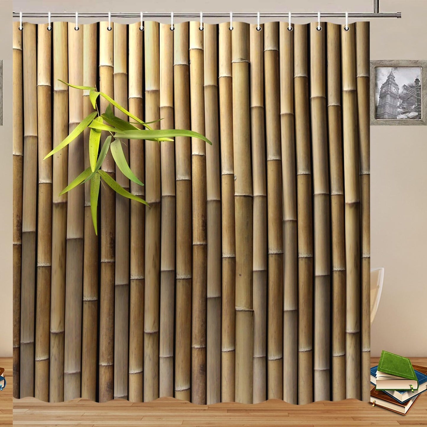Bamboo Print Shower Curtain 70x70 Inch Green Leaves