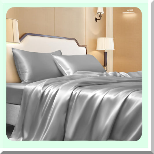 SilkLux Grey Queen Bedding Set - Silky Smooth 4-Piece Luxury Sheets - Deep-Pocket Fitted Sheet, Flat Sheet, Pillowcases - Queen Size Silk Sheets