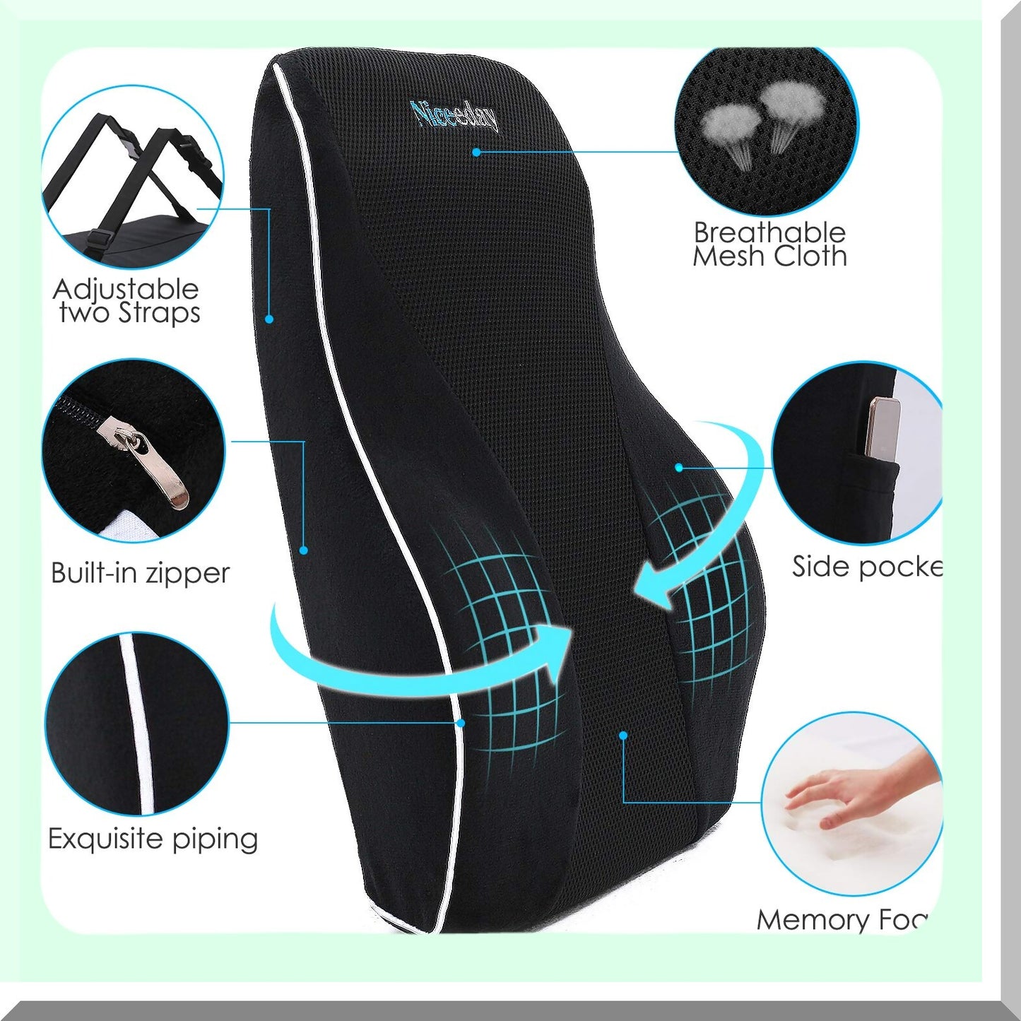 ErgoFoam Lumbar Support Pillow - Memory Foam Cushion for Office Chair, Car, Gaming Chair - Orthopedic Back Rest with 3D Mesh Cover - Lower Back Pain Relief - Ergonomic Design - 16.31"x17.94"x4.69