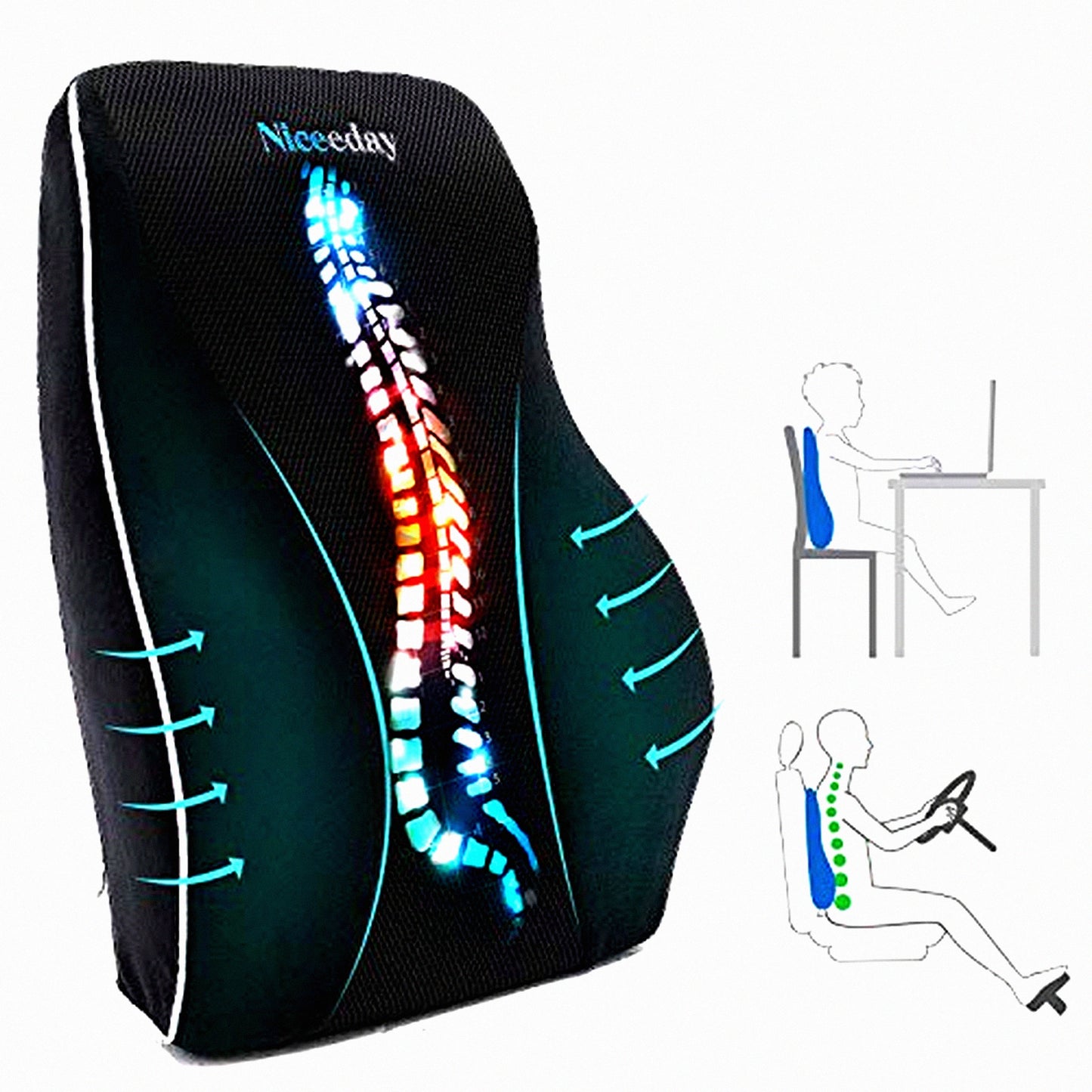 ErgoFoam Lumbar Support Pillow - Memory Foam Cushion for Office Chair, Car, Gaming Chair - Orthopedic Back Rest with 3D Mesh Cover - Lower Back Pain Relief - Ergonomic Design - 16.31"x17.94"x4.69