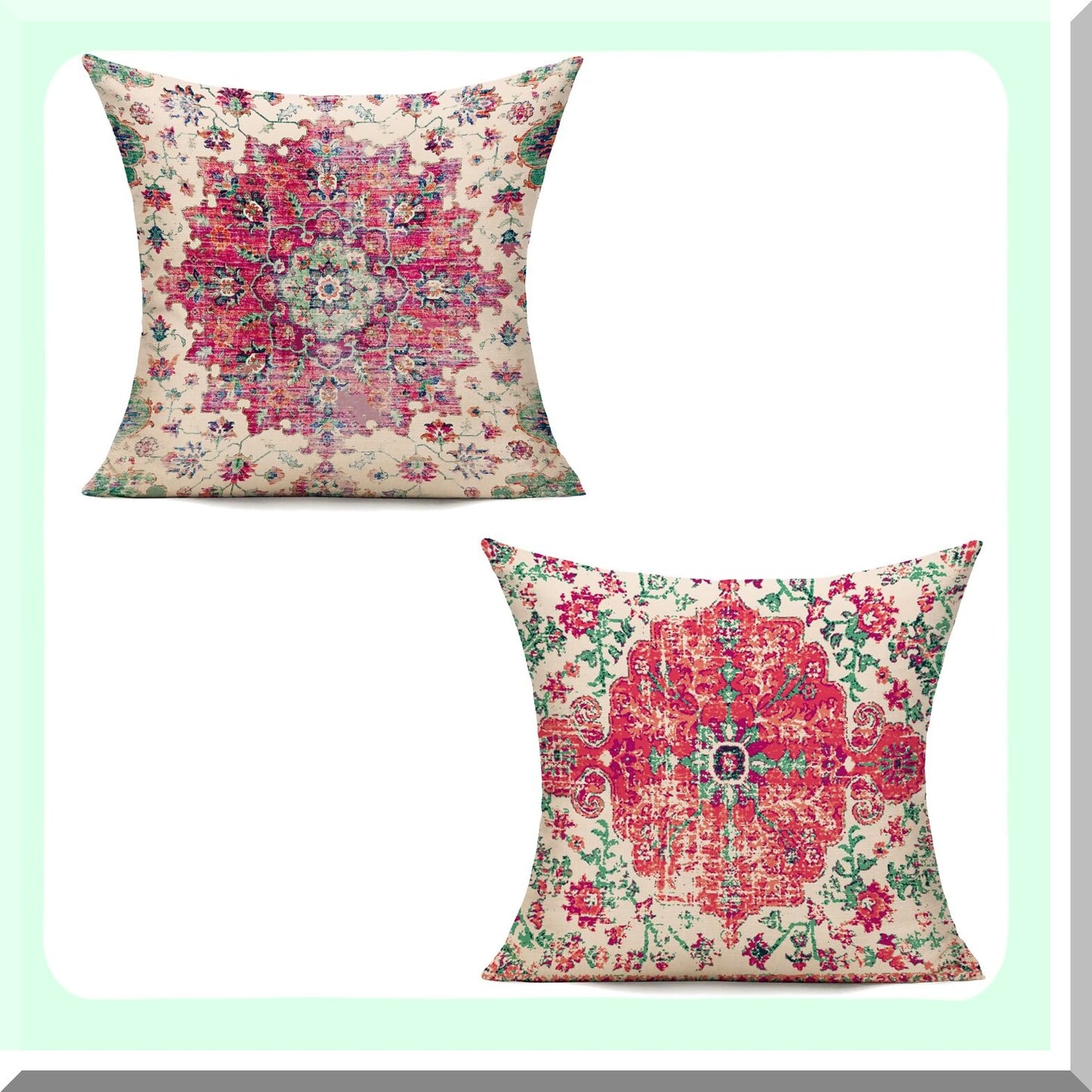 Vintage Farmhouse Boho Coral Cushion Covers - Set of 2 Decorative Throw Pillows for Couch & Outdoor Living Room Decor - 18x18 Red Green Rust Pink
