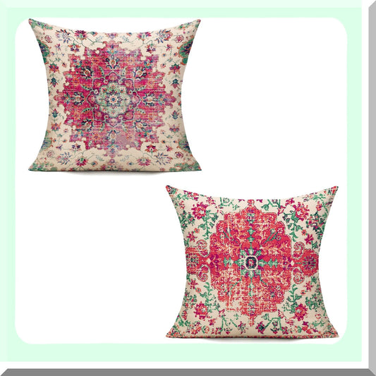 Vintage Farmhouse Boho Coral Cushion Covers - Set of 2 Decorative Throw Pillows for Couch & Outdoor Living Room Decor - 18x18 Red Green Rust Pink