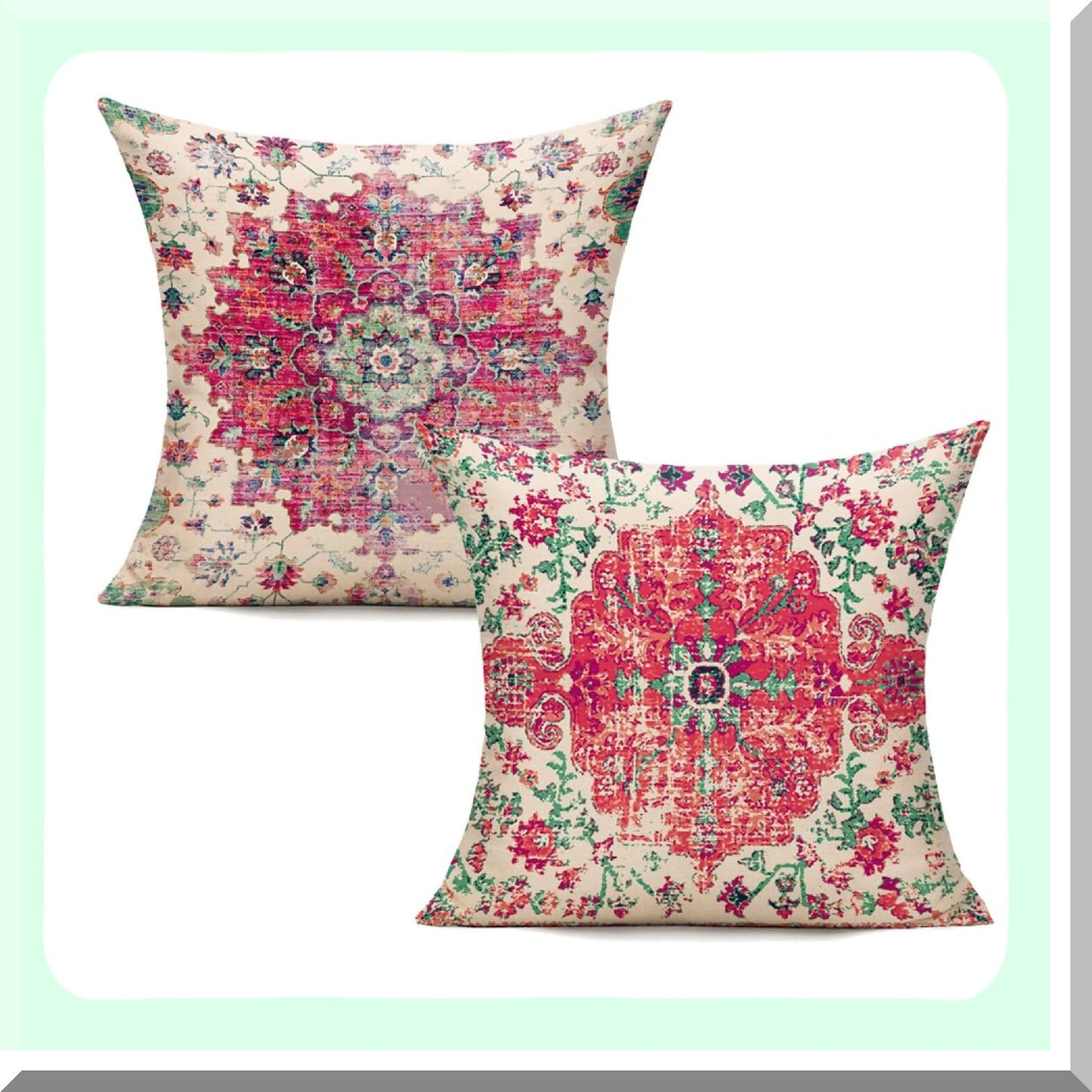 Vintage Farmhouse Boho Coral Cushion Covers - Set of 2 Decorative Throw Pillows for Couch & Outdoor Living Room Decor - 18x18 Red Green Rust Pink