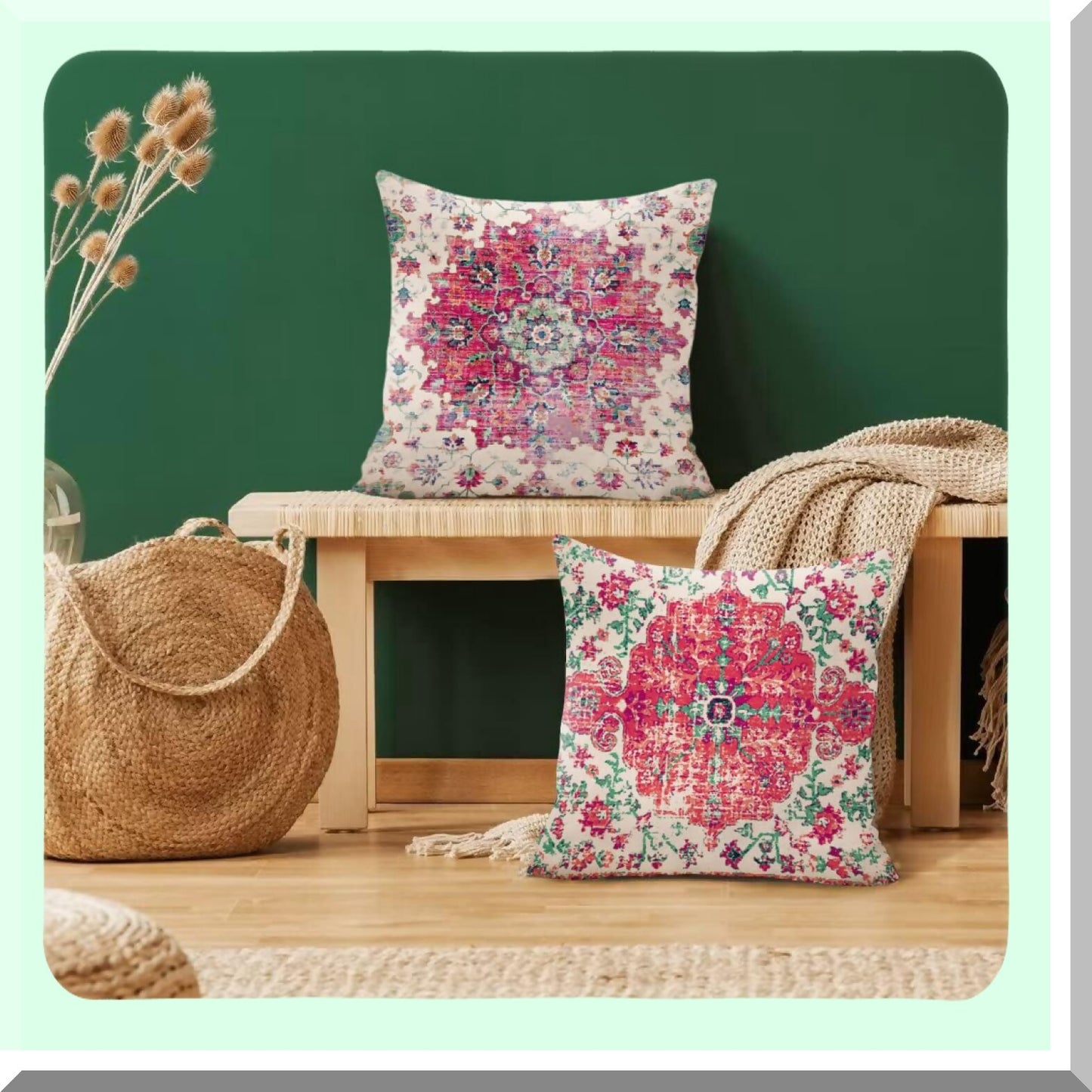 Vintage Farmhouse Boho Coral Cushion Covers - Set of 2 Decorative Throw Pillows for Couch & Outdoor Living Room Decor - 18x18 Red Green Rust Pink