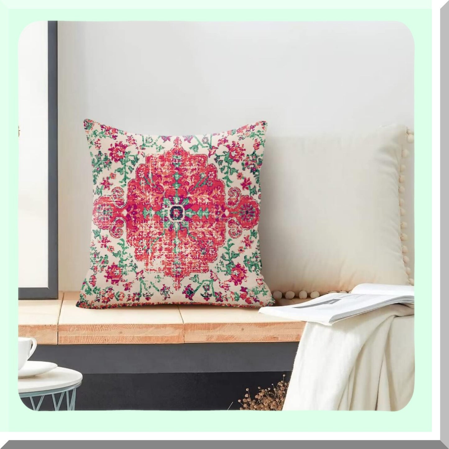 Vintage Farmhouse Boho Coral Cushion Covers - Set of 2 Decorative Throw Pillows for Couch & Outdoor Living Room Decor - 18x18 Red Green Rust Pink