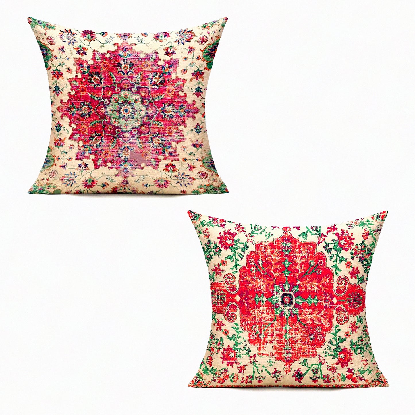 Vintage Farmhouse Boho Coral Cushion Covers - Set of 2 Decorative Throw Pillows for Couch & Outdoor Living Room Decor - 18x18 Red Green Rust Pink