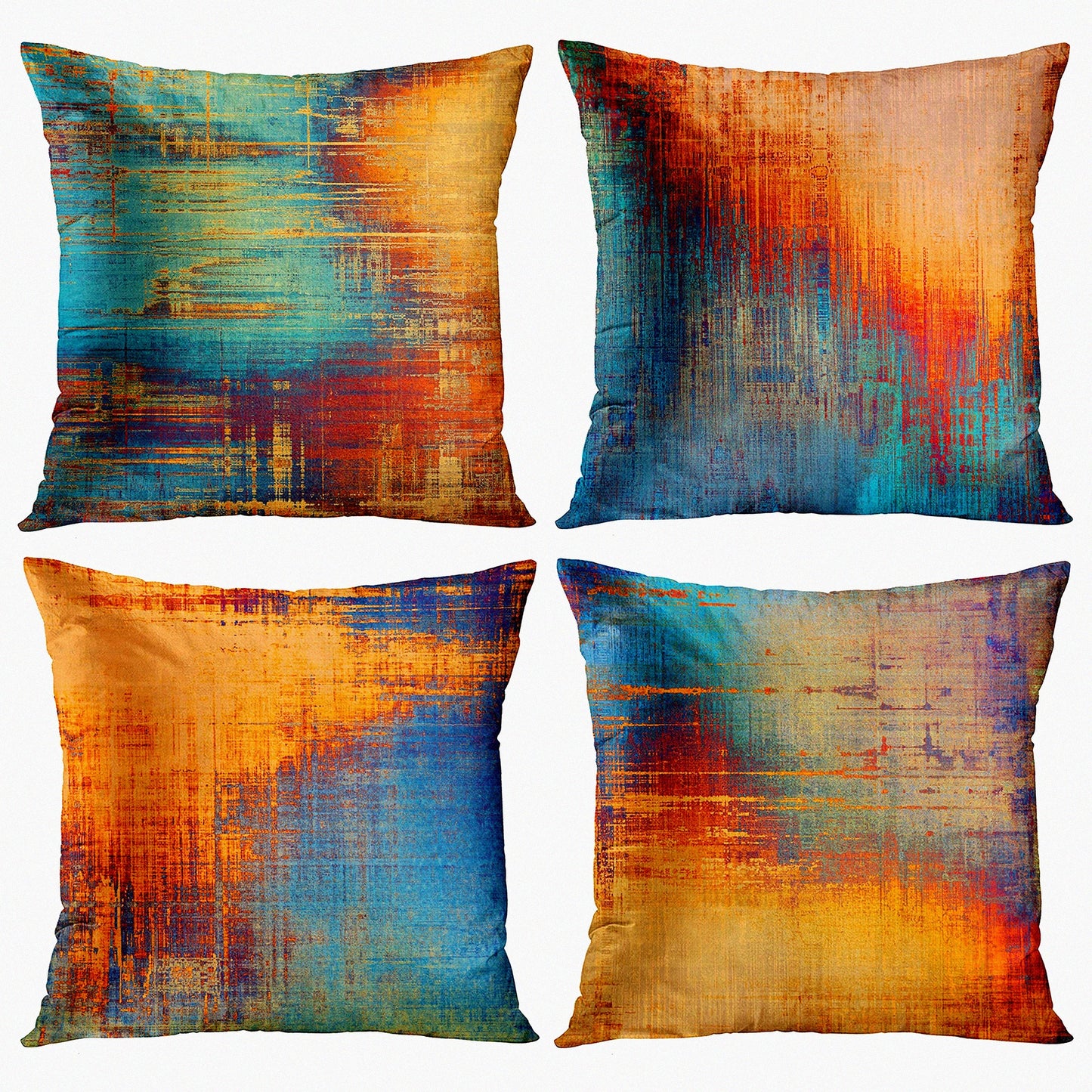Rustic Abstract Blue Orange Pillow Covers - Set of 4 Vintage Decorative Cases for Home Decor, Standard Square 18x18 Inches Pillowcases
