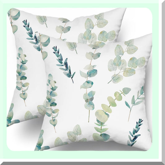 Eucalyptus Branches Floral Watercolor Pillow Covers - Set of 2, Sage Green & Seafoam Blue Decorative Throw Pillows, 18X18 Inch Square Cushion Covers