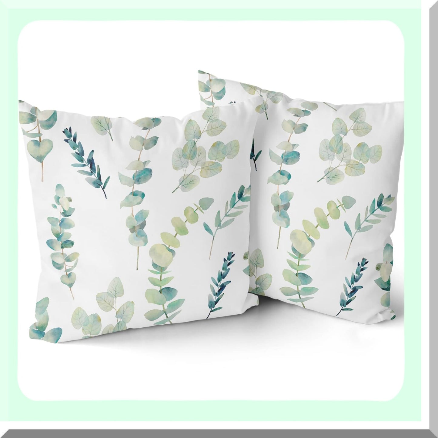 Eucalyptus Branches Floral Watercolor Pillow Covers - Set of 2, Sage Green & Seafoam Blue Decorative Throw Pillows, 18X18 Inch Square Cushion Covers