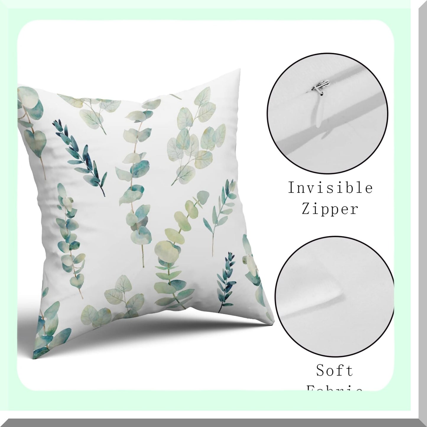 Eucalyptus Branches Floral Watercolor Pillow Covers - Set of 2, Sage Green & Seafoam Blue Decorative Throw Pillows, 18X18 Inch Square Cushion Covers