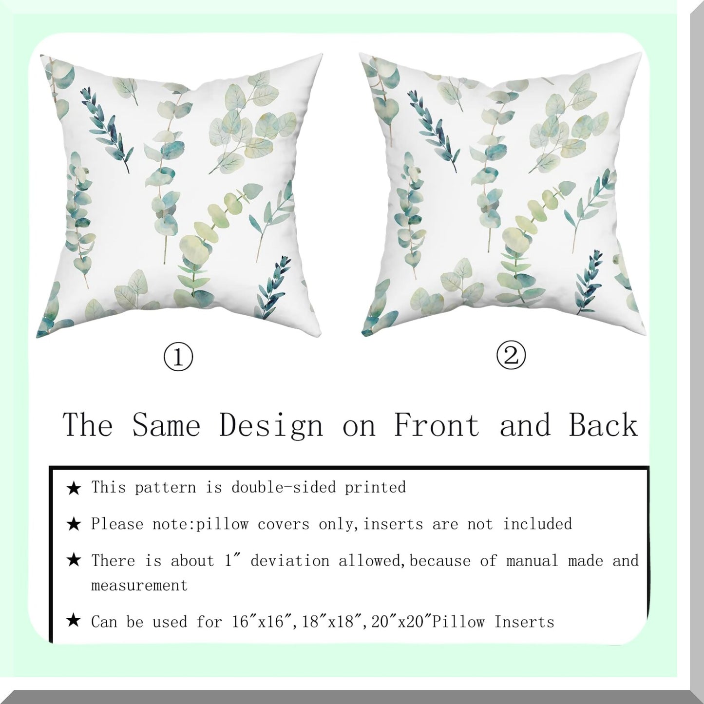 Eucalyptus Branches Floral Watercolor Pillow Covers - Set of 2, Sage Green & Seafoam Blue Decorative Throw Pillows, 18X18 Inch Square Cushion Covers