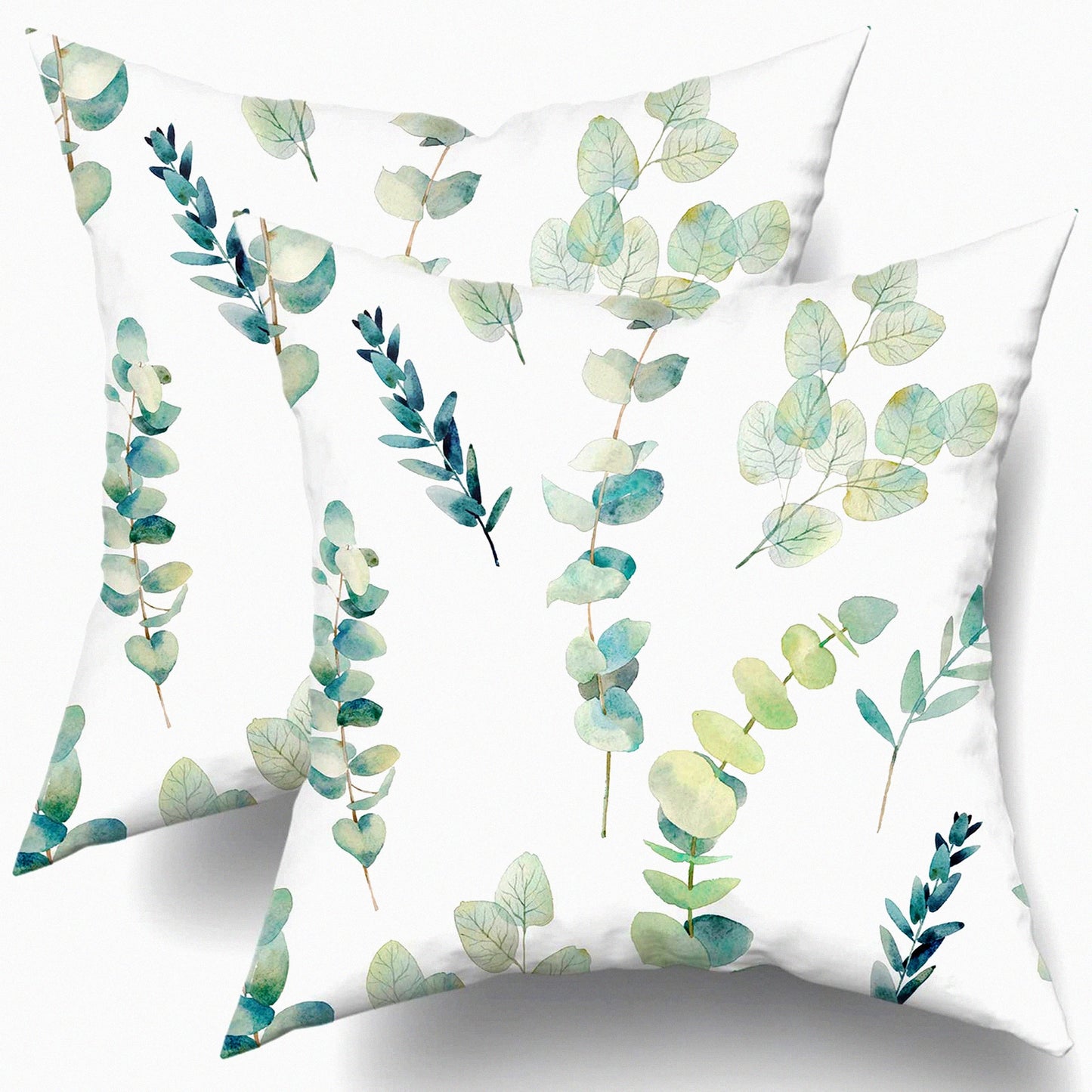 Eucalyptus Branches Floral Watercolor Pillow Covers - Set of 2, Sage Green & Seafoam Blue Decorative Throw Pillows, 18X18 Inch Square Cushion Covers