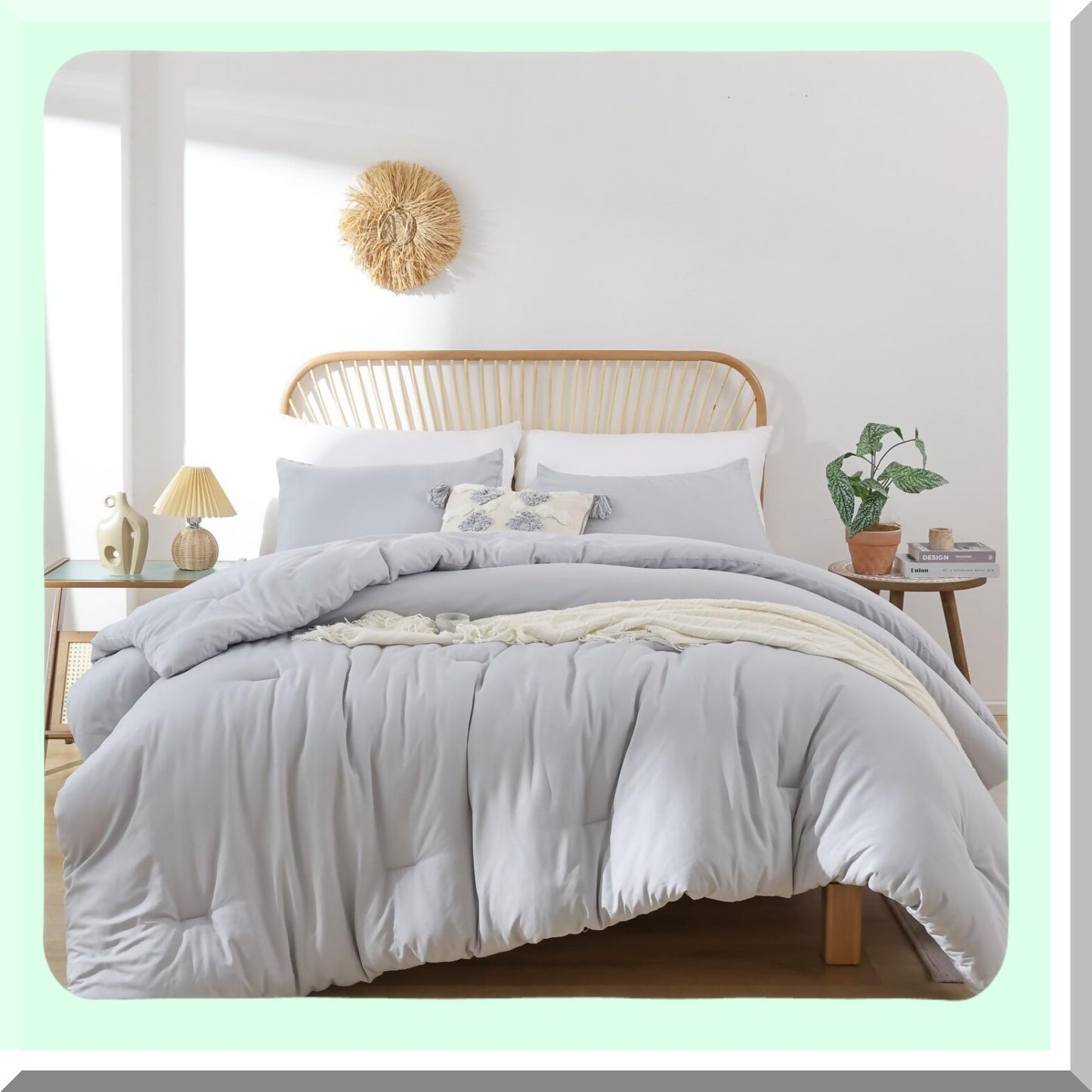 Light Grey Boho Comforter Set - 3 Piece Gray Bedding Set with 2 Pillowcases - All Season Lightweight Bedspread Quilt - Cozy Blanket Gift