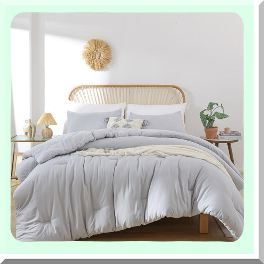 Light Grey Boho Comforter Set - 3 Piece Gray Bedding Set with 2 Pillowcases - All Season Lightweight Bedspread Quilt - Cozy Blanket Gift