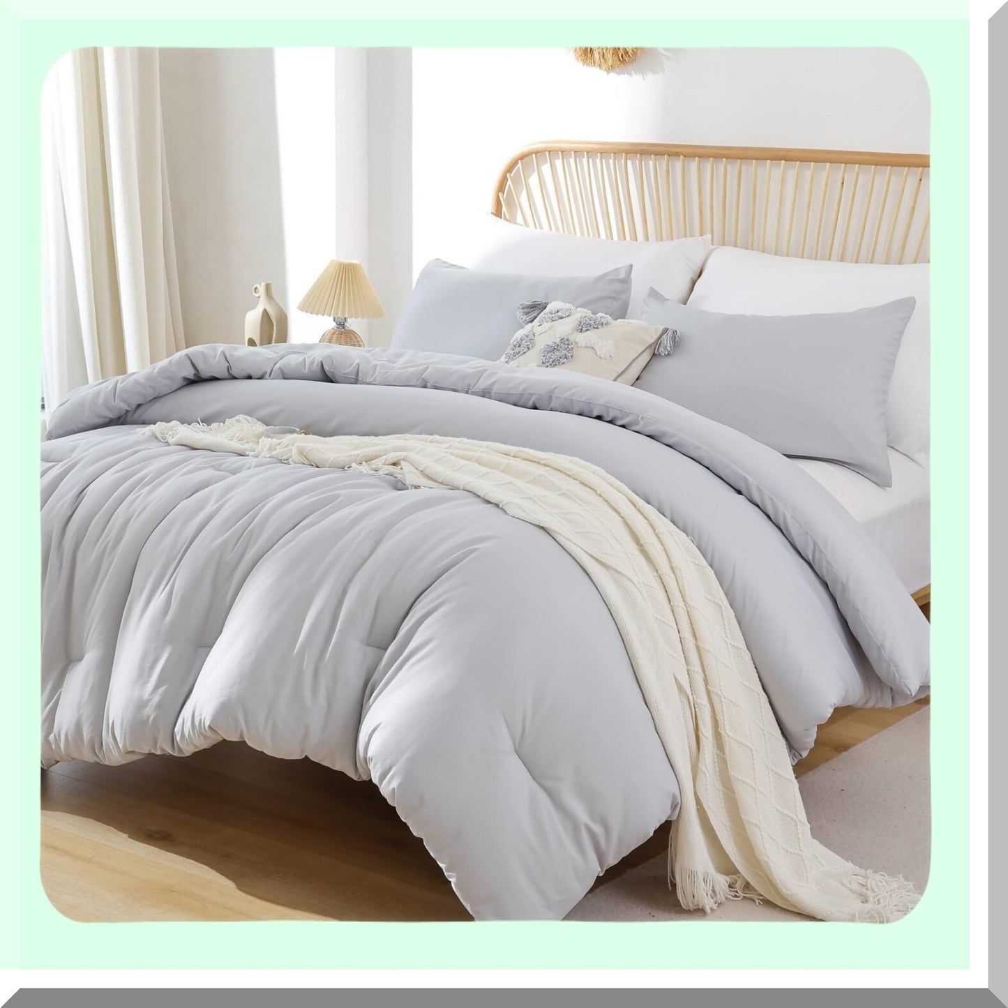 Light Grey Boho Comforter Set - 3 Piece Gray Bedding Set with 2 Pillowcases - All Season Lightweight Bedspread Quilt - Cozy Blanket Gift